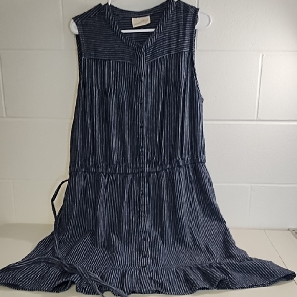 Navy & White Stripe Linen Blend Button Down Shirt Dress Ruffle Hem Knee Length - Picture 14 of 14